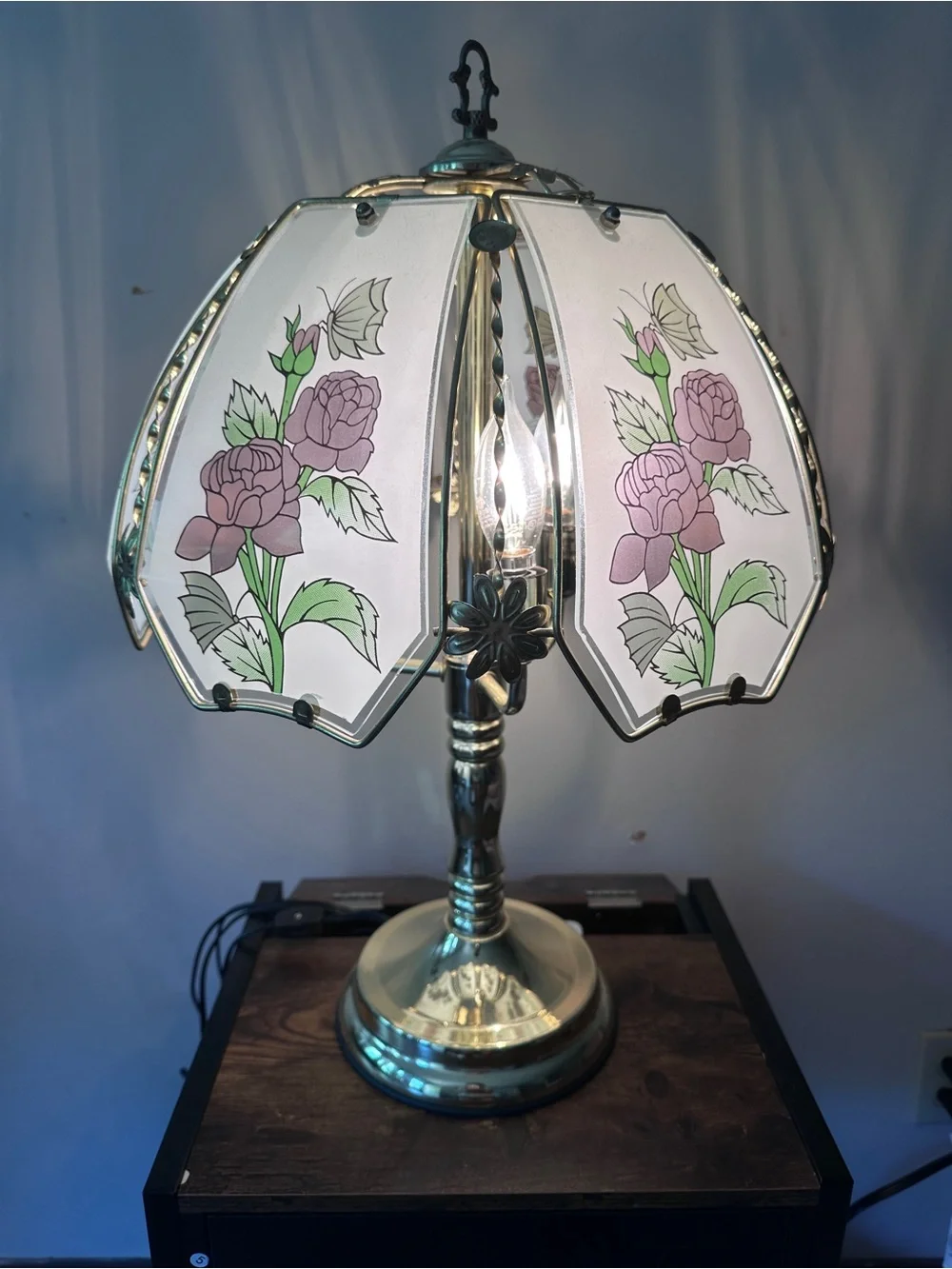 Vintage Hollywood Regency Brass Table Lamp Floral Rose & Butterfly Glass Panels